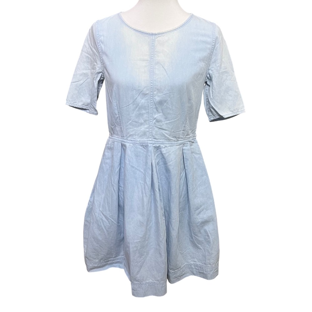 Gap Light Blue Bleached Wash Pleated Skirt Fit and Flare Pocket Dress Women's 6